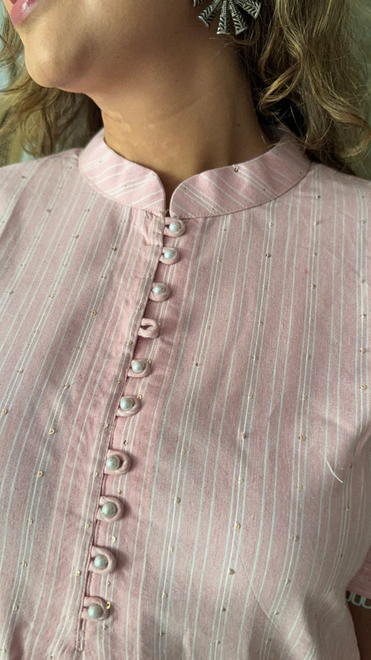 Baby Pink Striped Cotton Kurti with Pearl Button Detailing