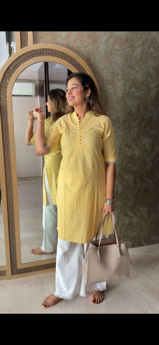 Pastel Yellow Striped Cotton Kurti with Pearl Button Detailing