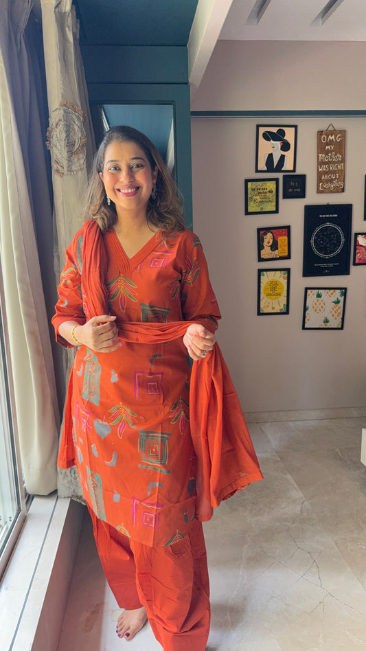 Rust Aura Printed Long Kurta With Farshi Salwar Set