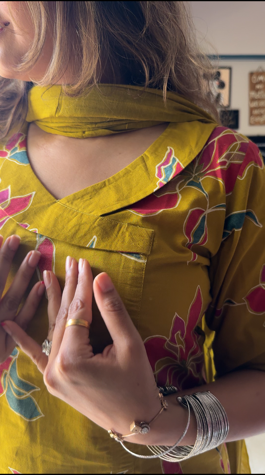 Mustard Bloom Floral Cotton Farshi Kurta Set