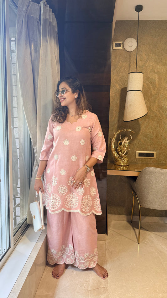 Daisy Bloom Embroidered Linen Co-ord Set Blush