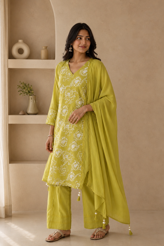 Lime Green Floral Printed Mul Chanderi Kurta Set with Lace-Trimmed Dupatta & Tassels