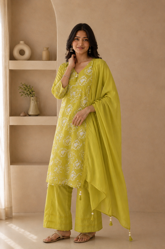 Lime Green Floral Printed Mul Chanderi Kurta Set with Lace-Trimmed Dupatta & Tassels