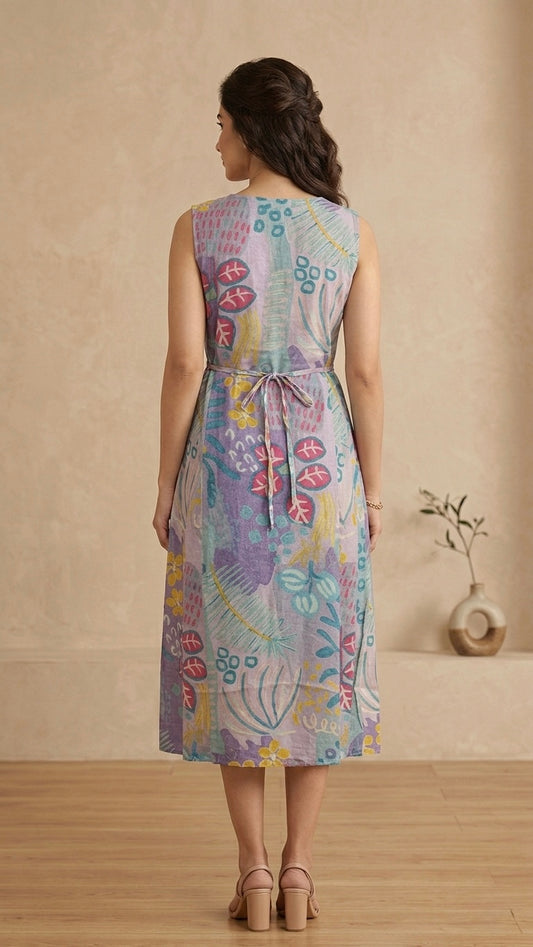 Pastel Garden Viscose Muslin Midi Dress With Sleeves Fabric Separate