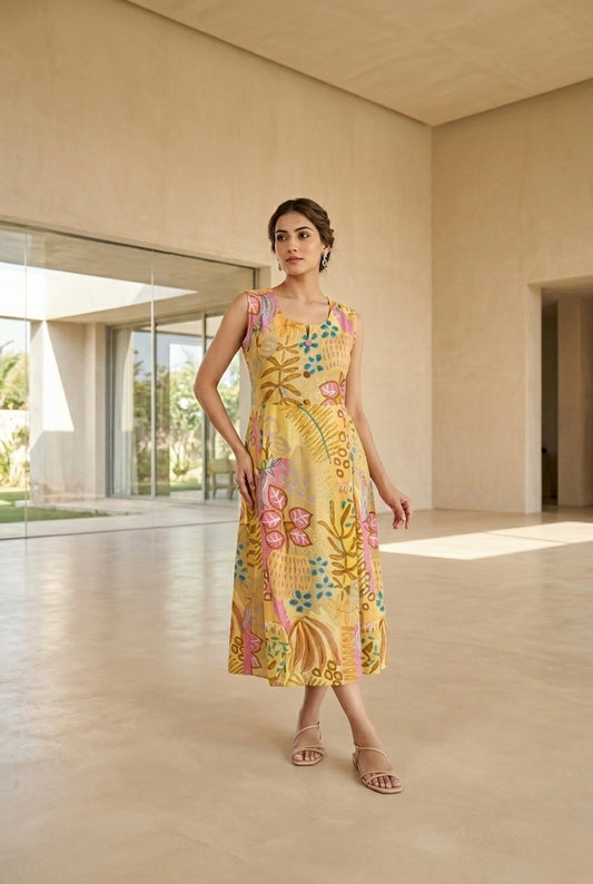 Sunlit Meadow Viscose Muslin Midi Dress With Sleeves Fabric Separate