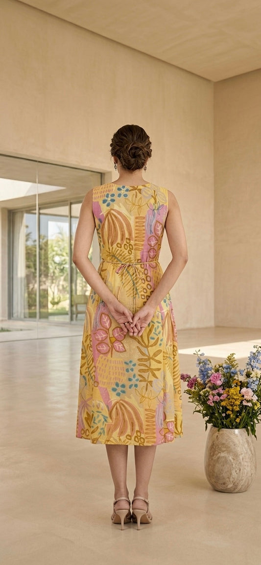 Sunlit Meadow Viscose Muslin Midi Dress With Sleeves Fabric Separate