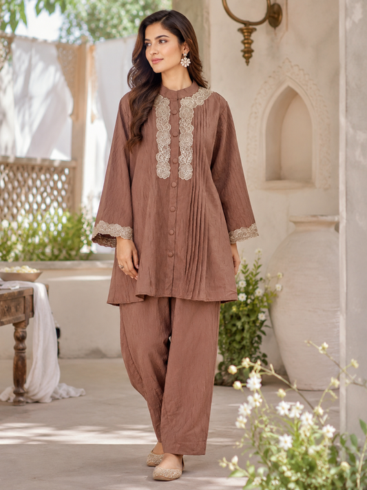 Mocha Brown Lace Detail Kurta Set
