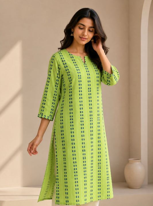Vibrant Green Handwoven Cotton Kurti