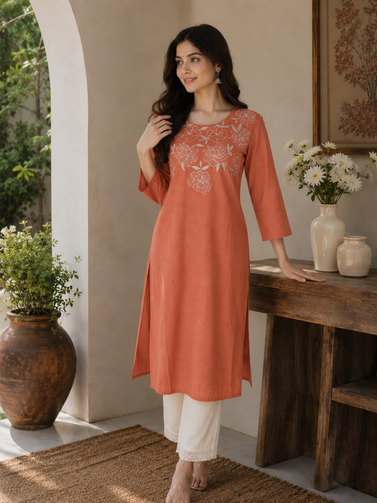 Coral Bloom Embroidered Kurti