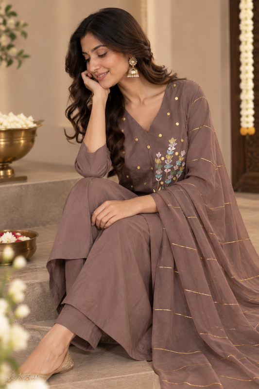 Mauve Embroidered Kurta Set With Dupatta