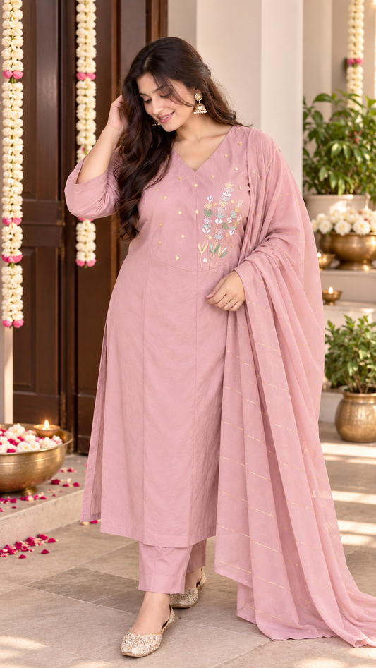 Blush Embroidered Kurta Set With Dupatta