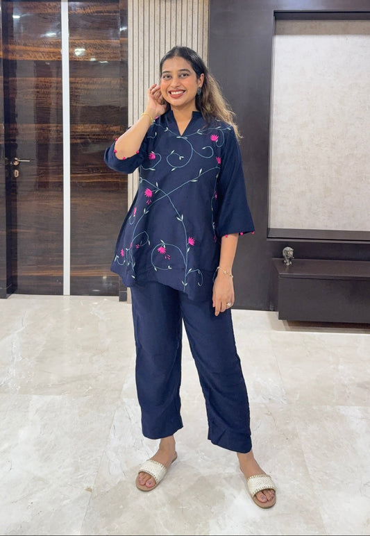 Royal Blue Contrast Embroidered A-Line Co-ord Set