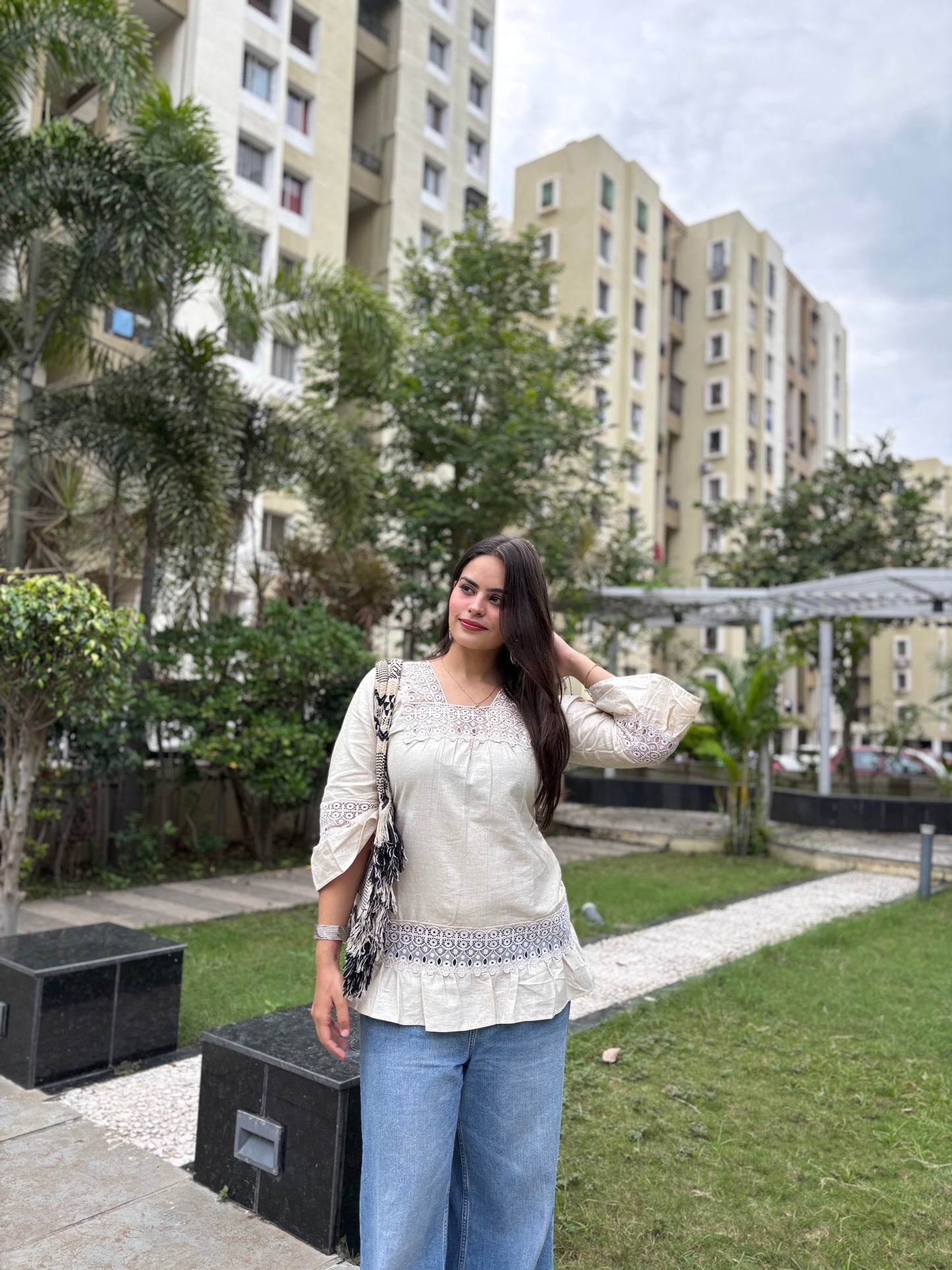 Ivory Cotton Kurti with Lace Detailing