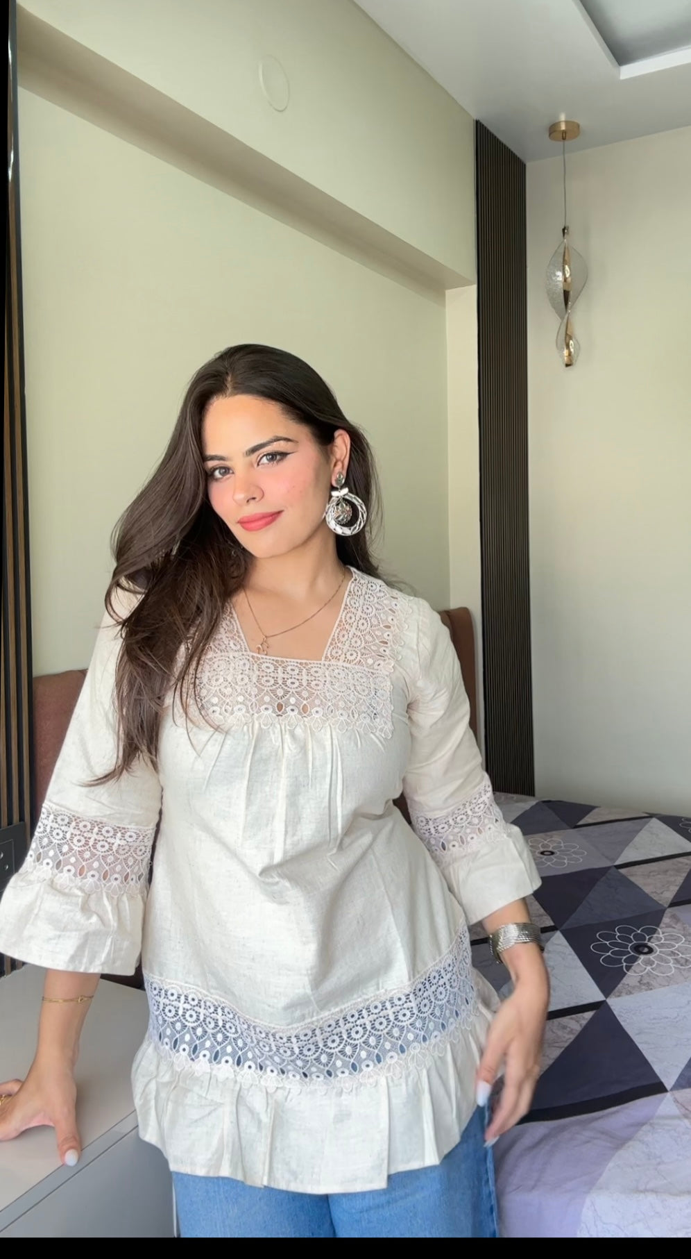 Ivory Cotton Kurti with Lace Detailing