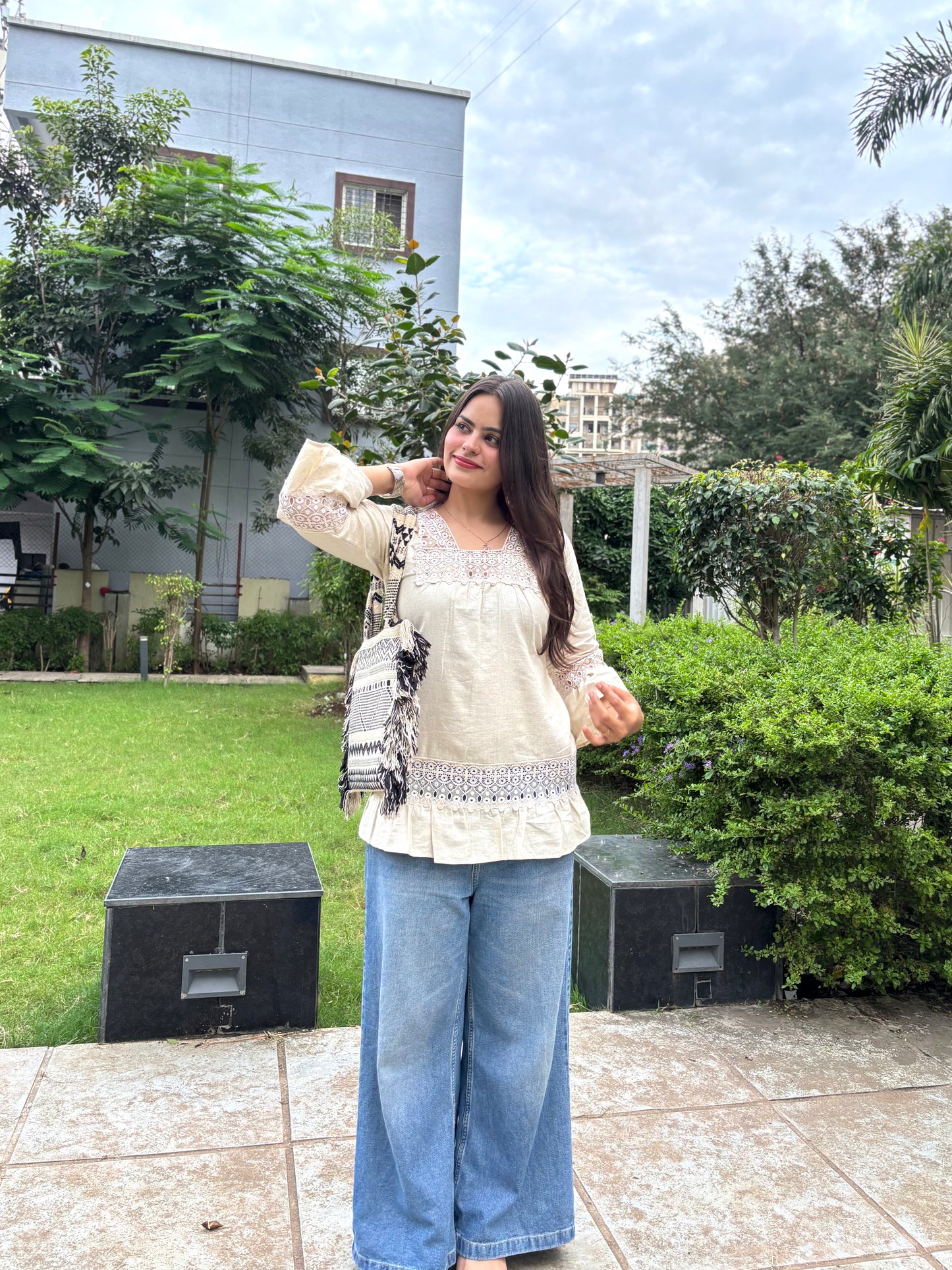 Ivory Cotton Kurti with Lace Detailing