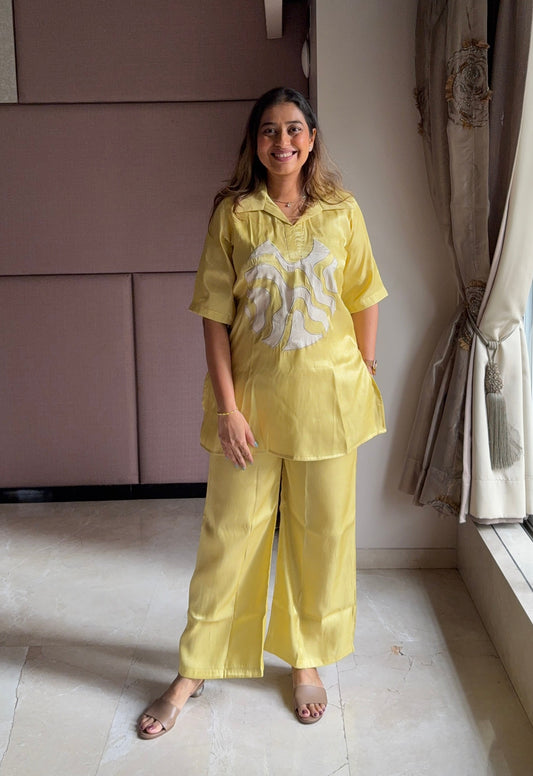 Yellow Abstract Appliqué Co-ord Set with Wide-Leg Pants