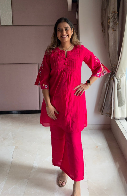 Fuchsia Pink Embroidered Sleeve Co-ord Set with Wide-Leg Pants