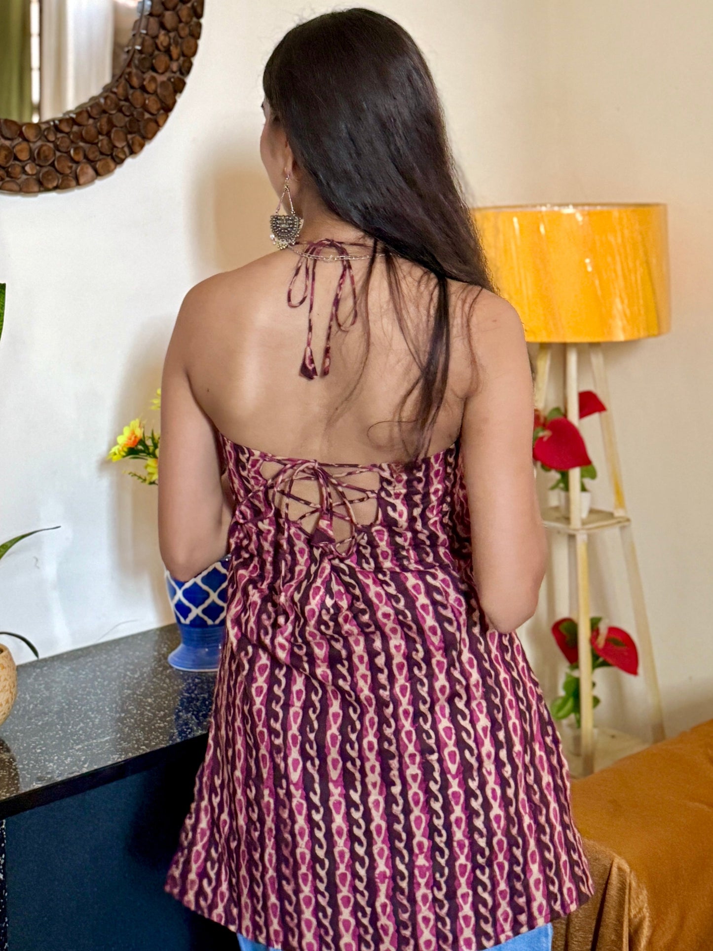 Printed Halter Neck Short Kurti with Back Tie-Up