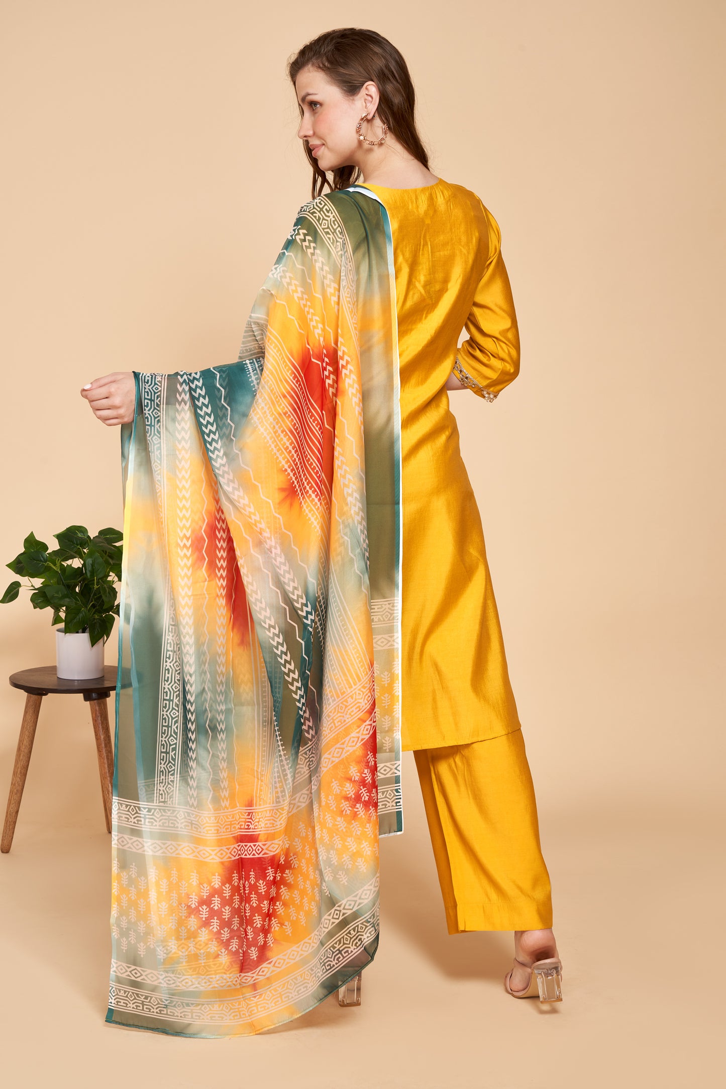 Silk Suit Set With Printed Silk Dupatta