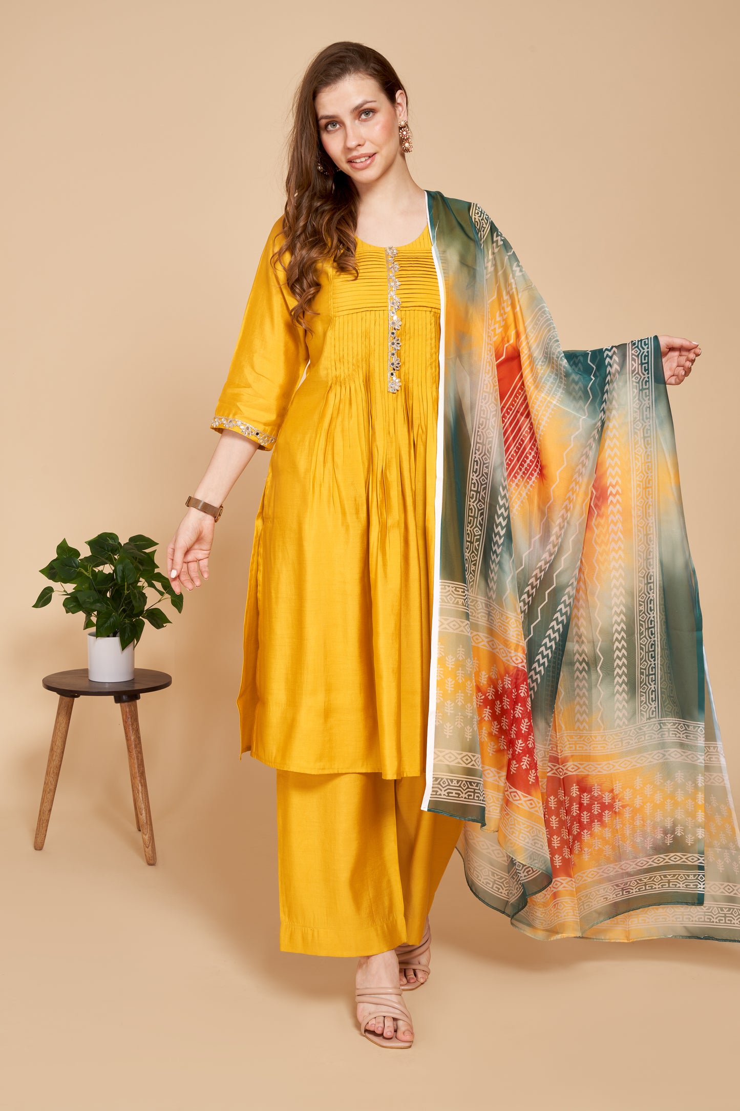 Silk Suit Set With Printed Silk Dupatta