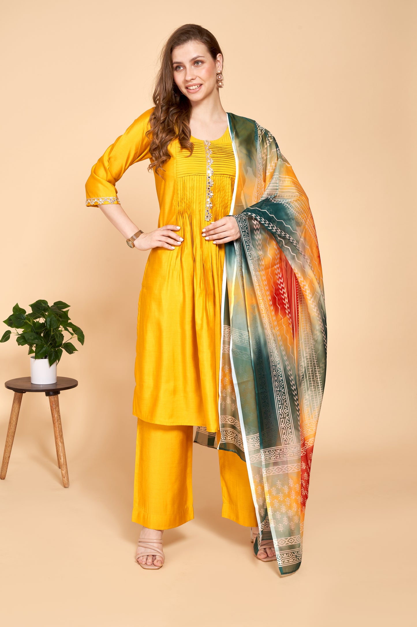 Silk Suit Set With Printed Silk Dupatta