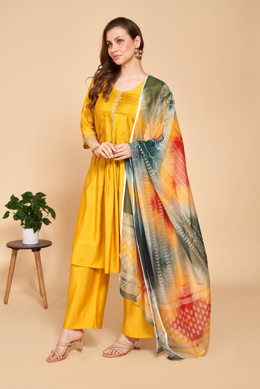 Silk Suit Set With Printed Silk Dupatta