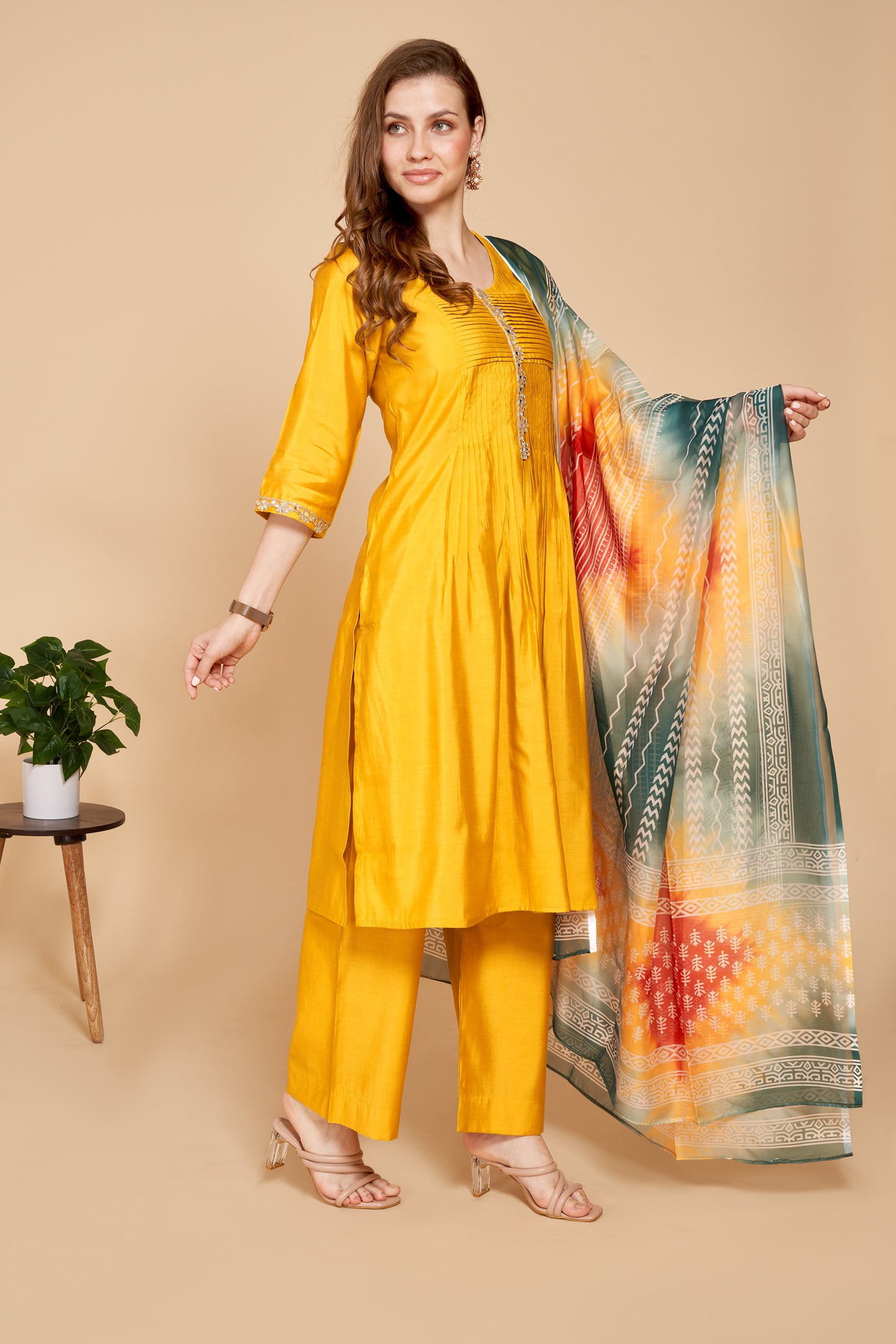 Silk Suit Set With Printed Silk Dupatta