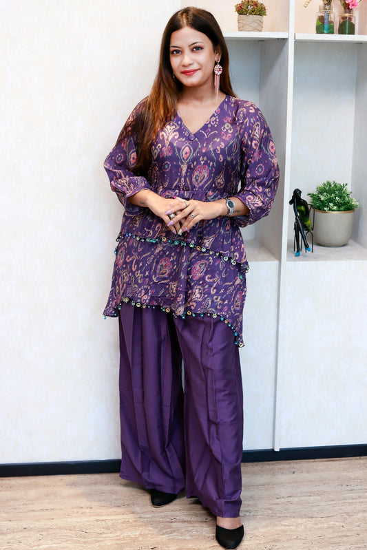 Purple Floral Kurti With Farshi Salwar