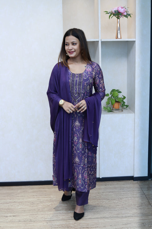 Foil Printed Kurti Set With Dupatta