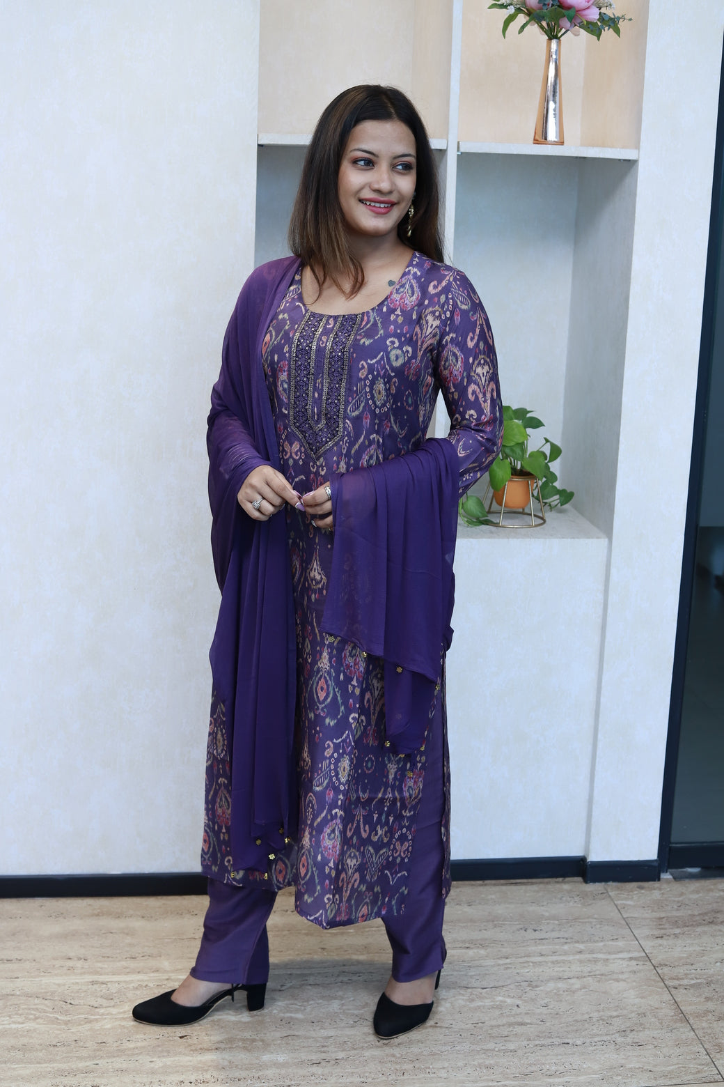 Foil Printed Kurti Set With Dupatta I-6576