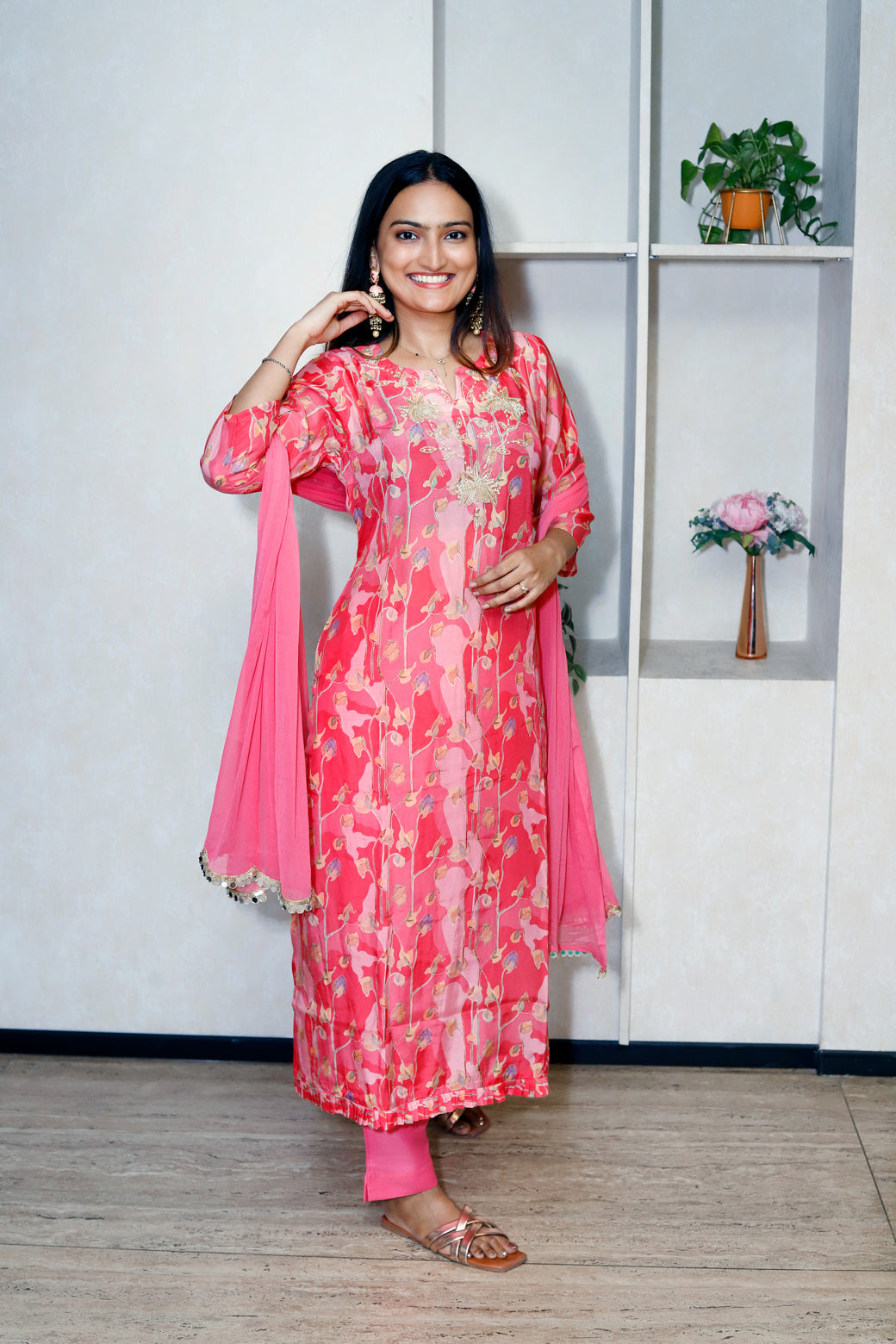 Printed Kurti Set With Mirror Lace Dupatta