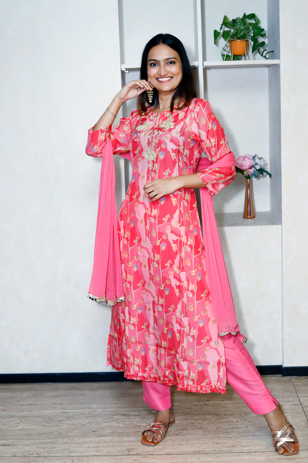 Printed Kurti Set With Mirror Lace Dupatta