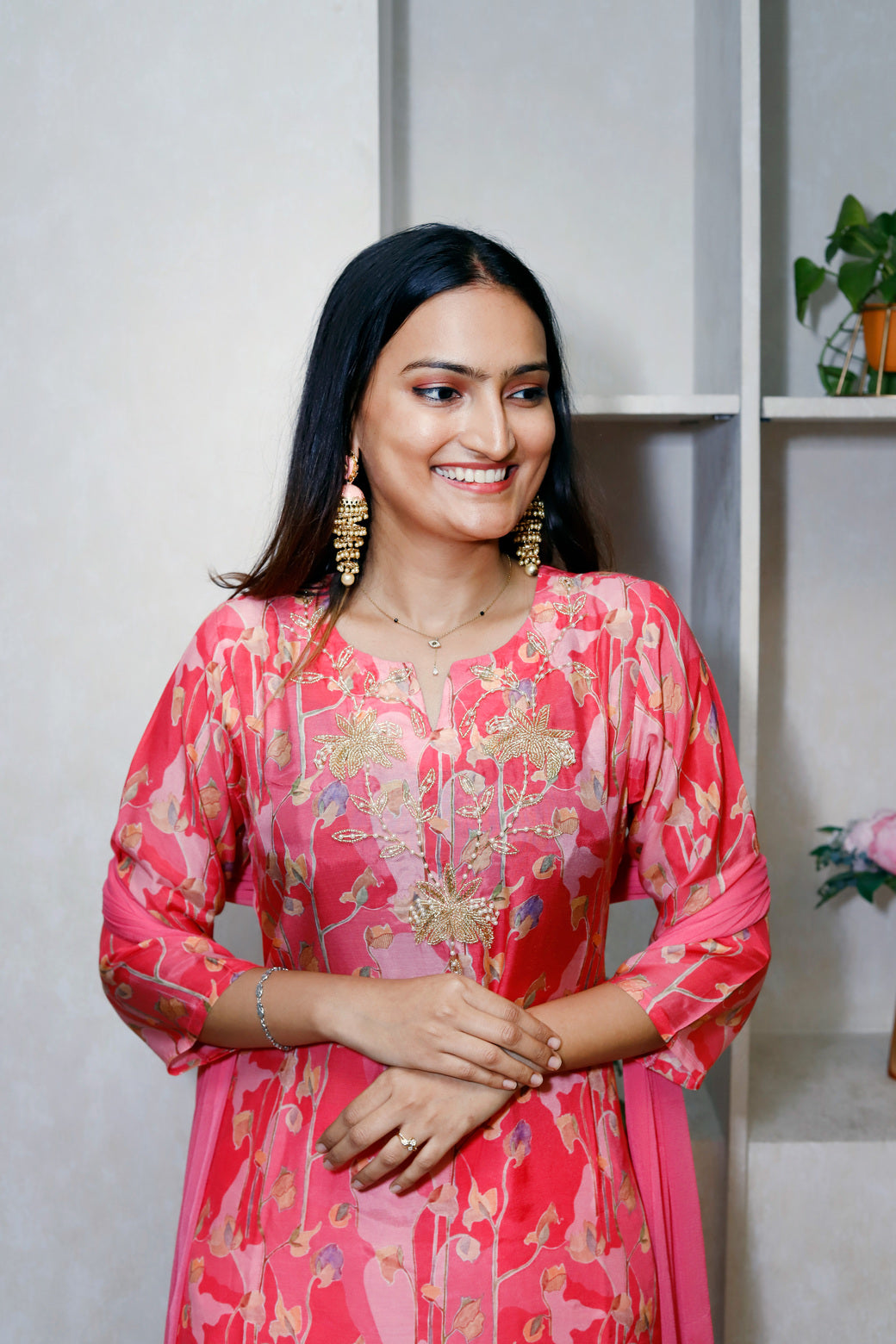 Printed Kurti Set With Mirror Lace Dupatta