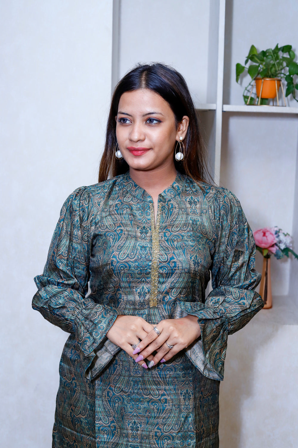 Printed Kurti With Cinnamon Flouse Sleeves