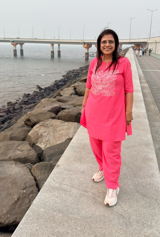 Neon Peach Embroidered Co-ord Set
