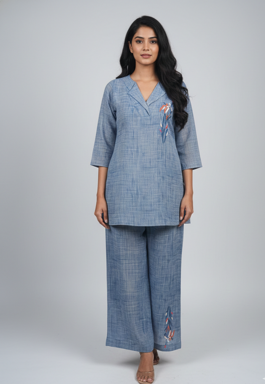 Denim Blue Co-ord Set for Women With Cute Embroidery