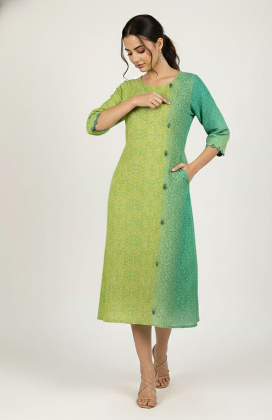 Green Ombre Printed Midi Dress for Women with Button Detailing