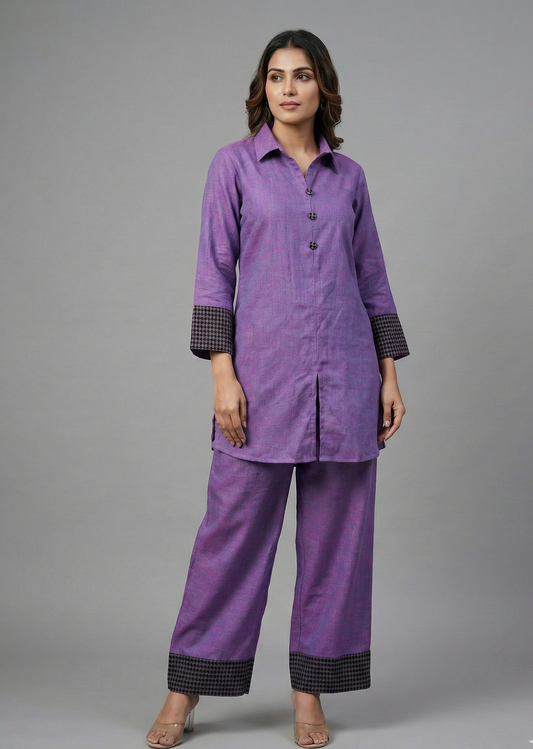 Purple Solid Co-ord Set with Contrast Cuff Detailing for Women