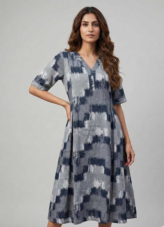 Grey Blue Abstract Printed Flared Midi Dress for Women with Pocket