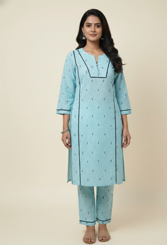 Cotton Slub Straight Kurti Set for Women with Contrast Lace Detailing