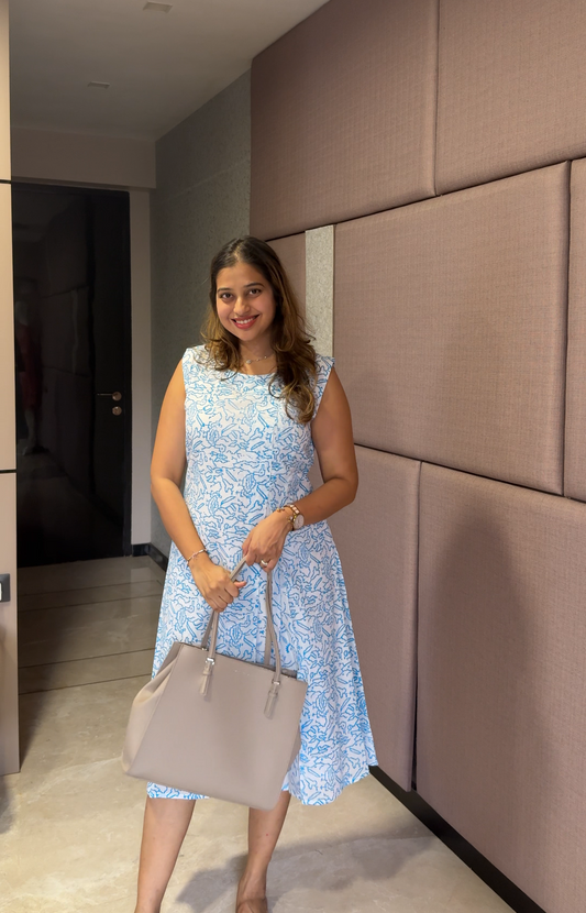 White & Blue Printed Sleeveless A-Line Dress for Women