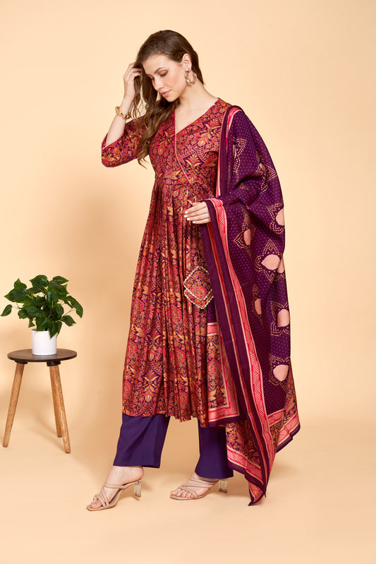 Violet Royal Garnet Printed Kurti Set with Dupatta