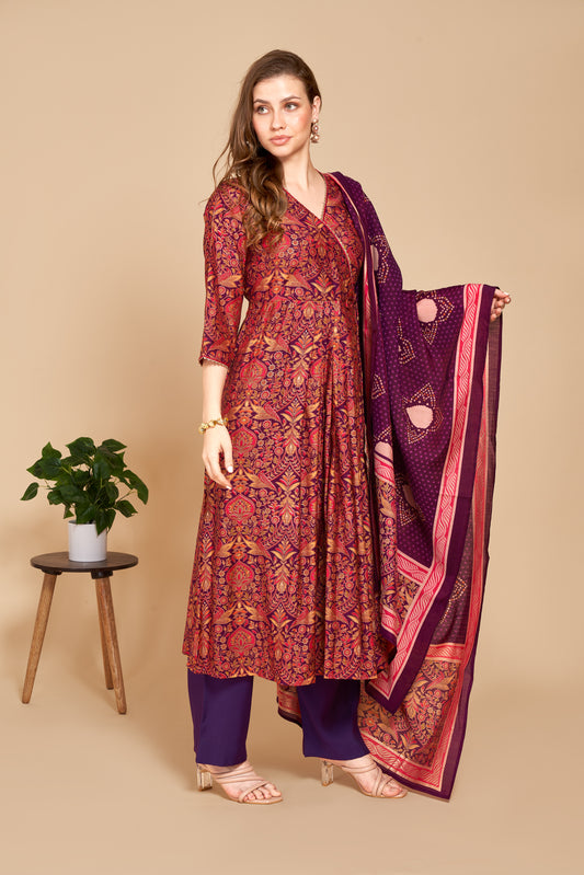 Violet Royal Garnet Printed Kurti Set with Dupatta