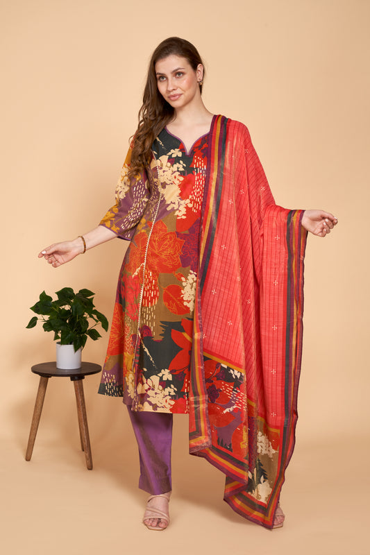 Sunset Bloom Printed Kurti Set with Dupatta