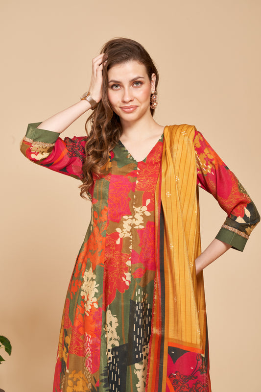 Autumn Bloom Shimmer Printed Kurti Set with Dupatta