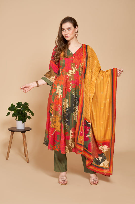 Autumn Bloom Shimmer Printed Kurti Set with Dupatta
