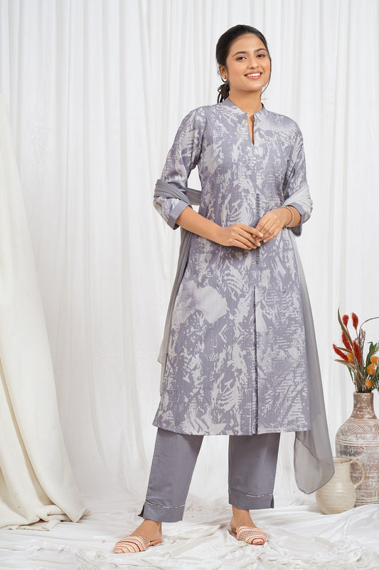 Grey & White Straight Kurti with Box Pleat