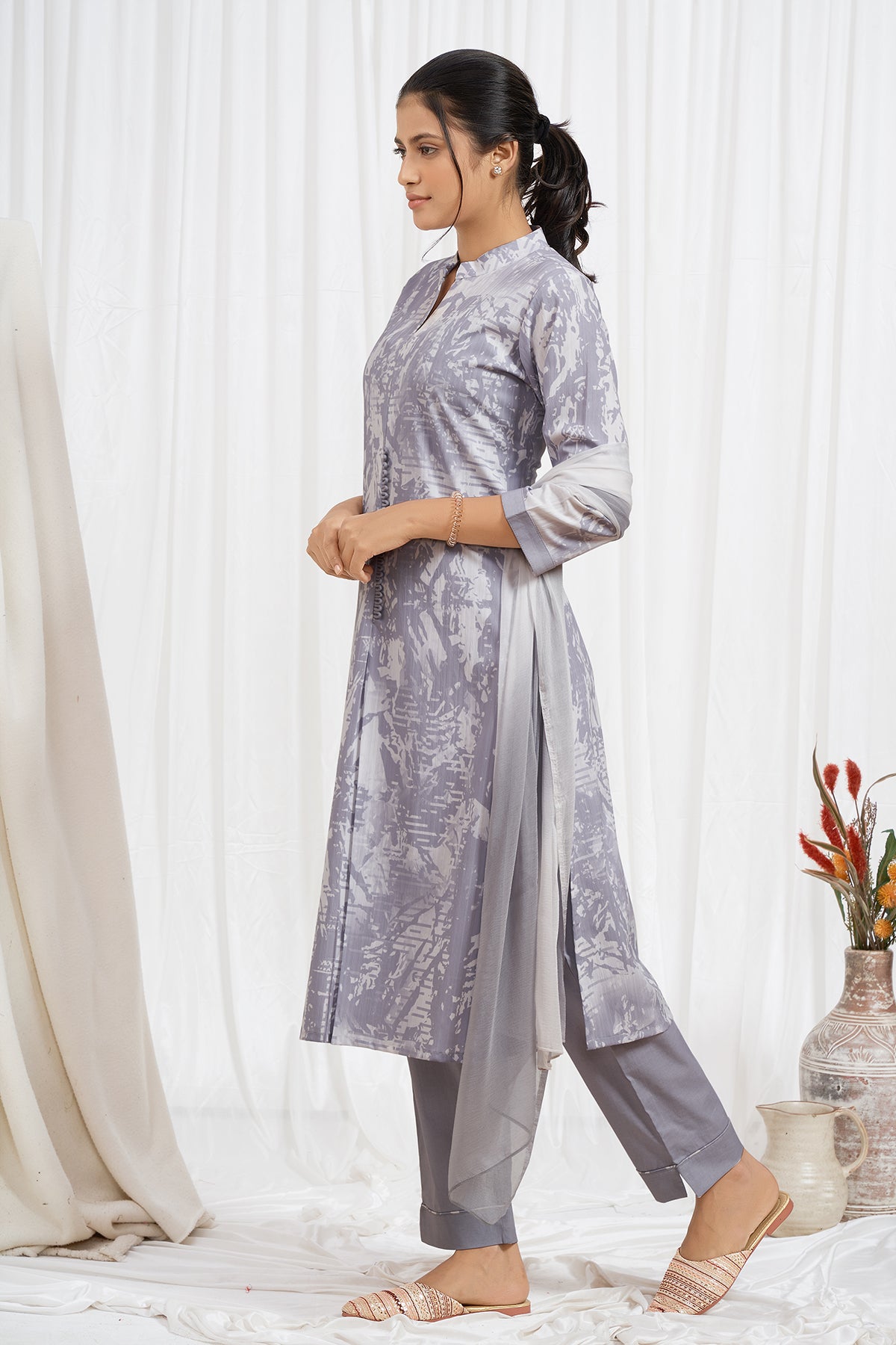 Grey & White Straight Kurti with Box Pleat