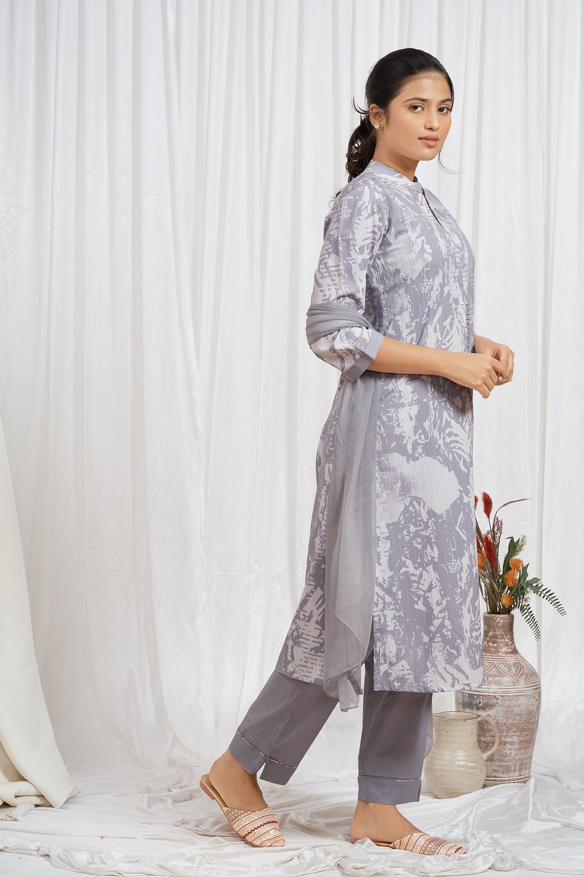 Grey & White Straight Kurti with Box Pleat