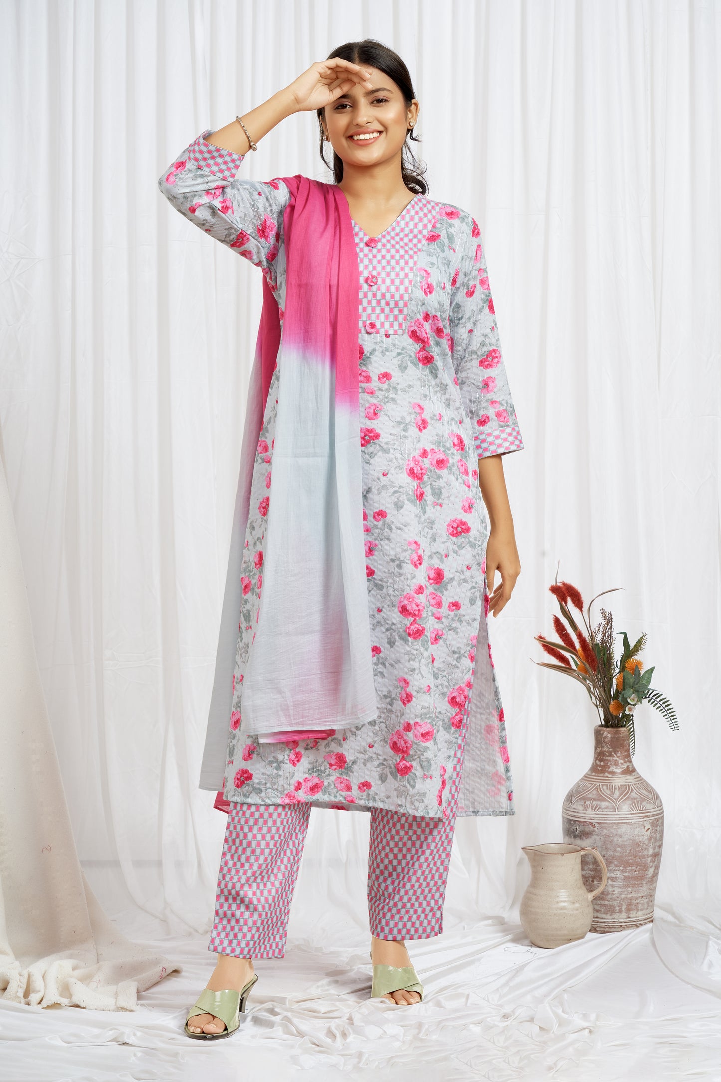 Pink Floral And Checks Printed Kurti Set With Dupatta